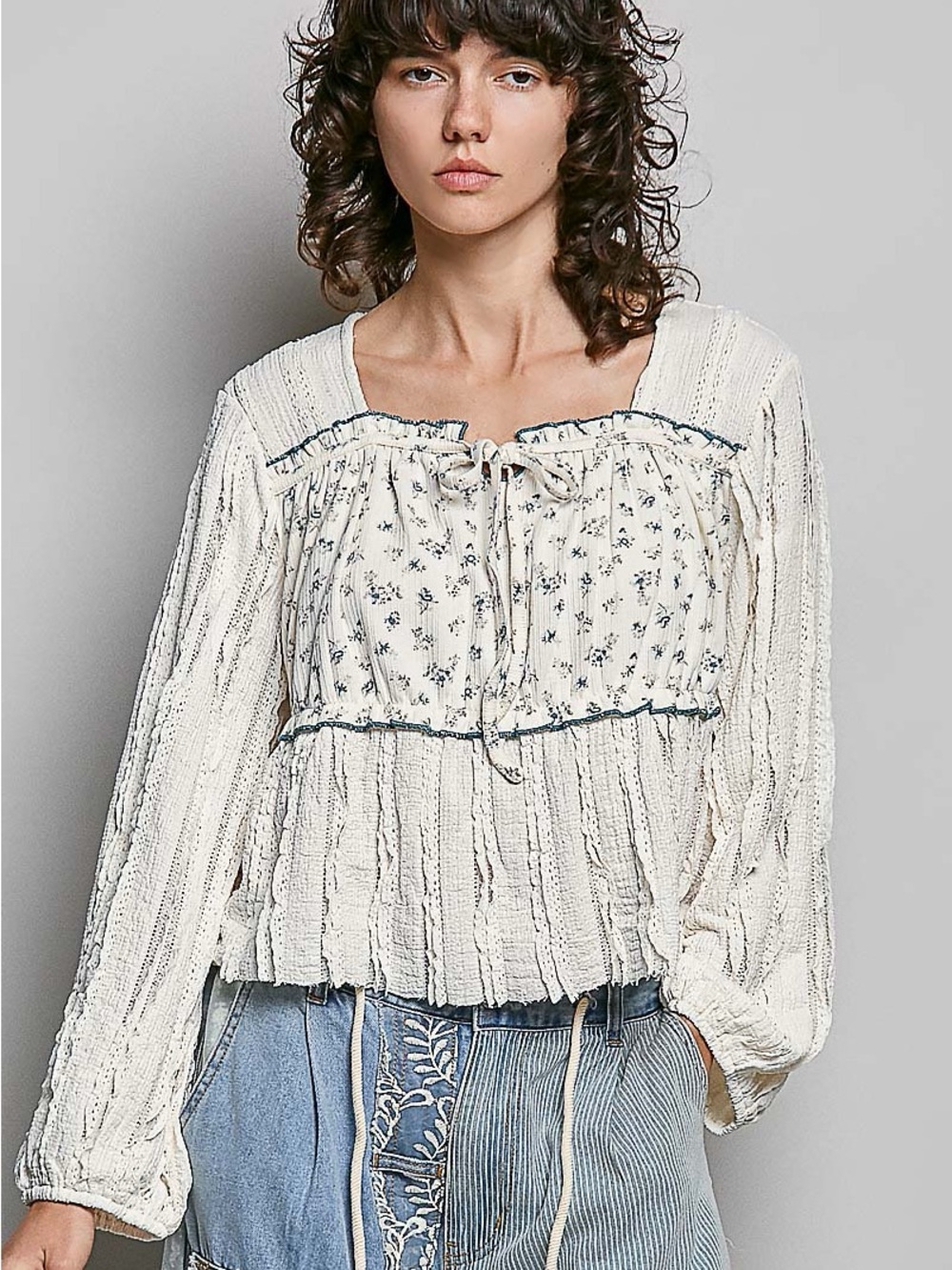 POL Square Neck Lace Long Balloon Sleeve Top